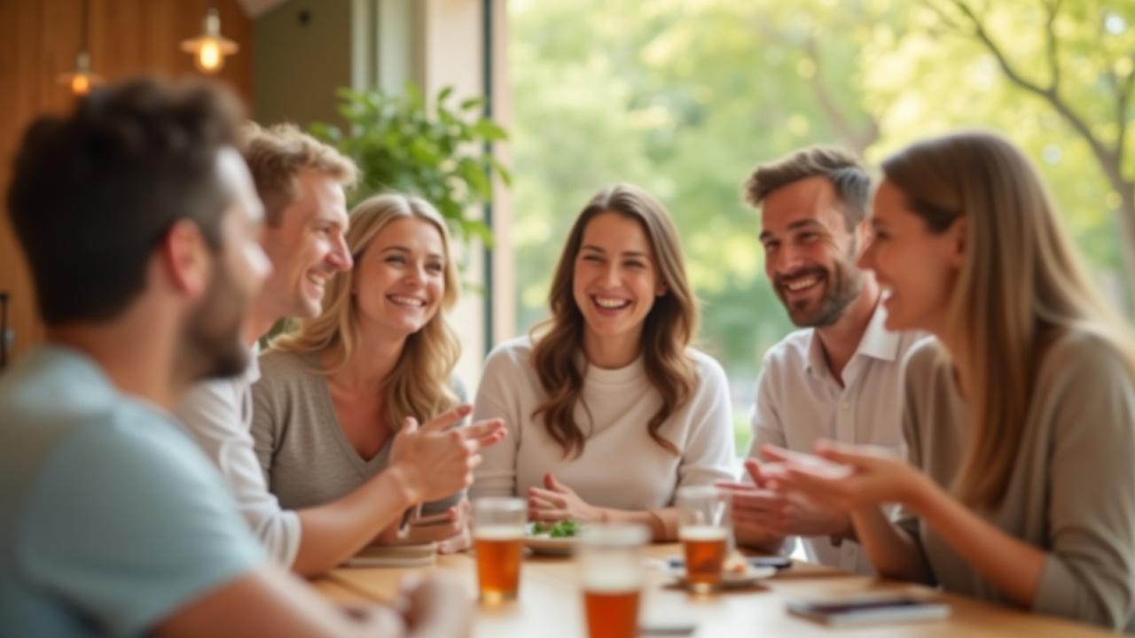 Diverse group of people (35+) laughing and talking in a natural, friendly setting, fostering a sense of community and connection.