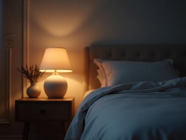 Peaceful bedroom setting with soft lighting and comfortable bedding