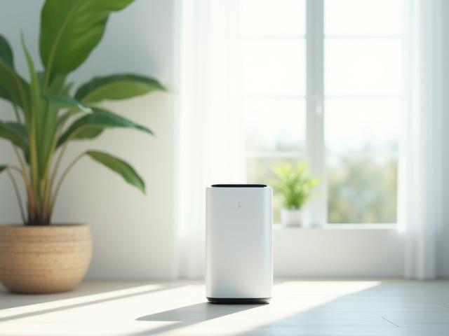 A sleek, minimalist air purifier in a bright, modern living space with natural light and a green plant.