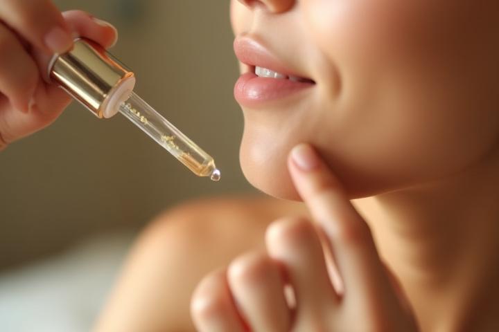 A close-up of a person's hand applying a natural, clean face serum to their skin, emphasizing well-being and natural ingredients.