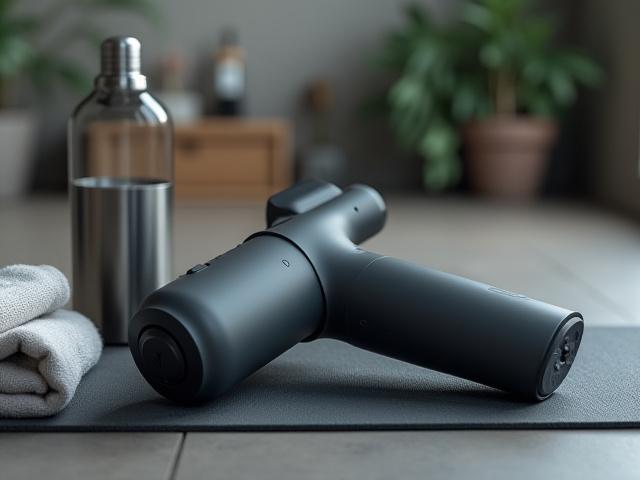 An ergonomic percussive massage gun resting on a dark gray yoga mat next to a small towel and water bottle.