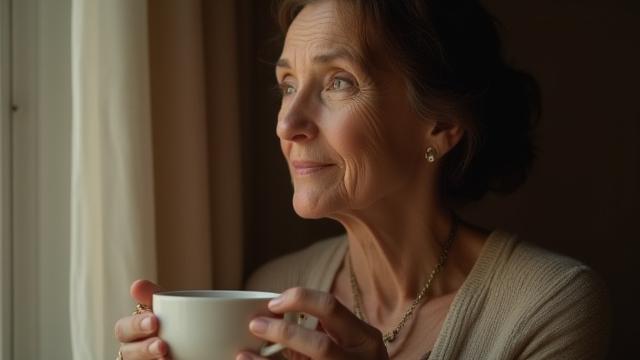 A thoughtful woman over 45, softly illuminated, representing a journey through perimenopause with calm introspection.